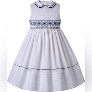 Girls' White Smocked Formal Dress with Navy Embroidery